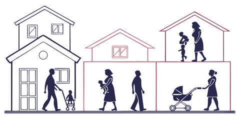 family life illustration with houses and people silhouettes showing daily activities line art isolated on white background.