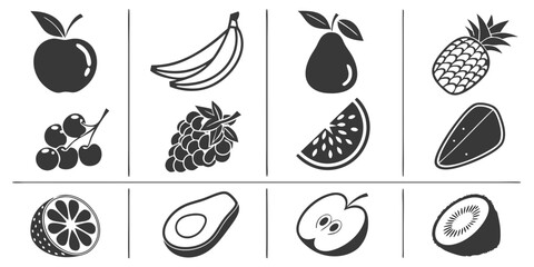 fruit icons grid collection with apple banana pear pineapple grapes watermelon silhouettes isolated on white background.