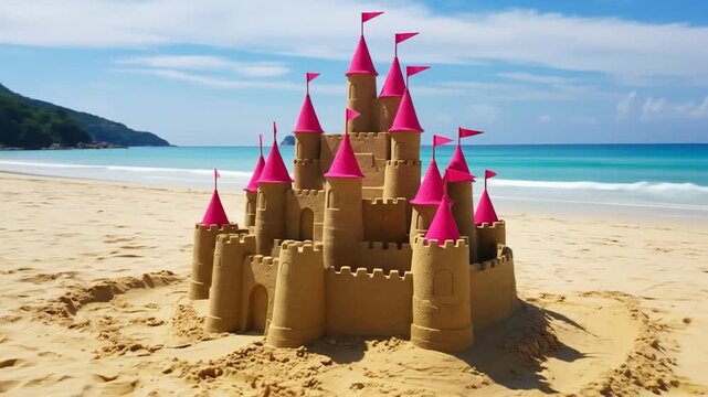 Sandcastle on beach with pink turrets and flags on sunny day coastal scene