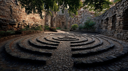 A stone labyrinth in a medieval castle garden