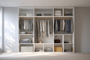 Sleek modern Scandinavian white walk-in closet with minimalist wardrobe, clothes on hangers, and storage shelves set against a soothing pastel beige background.