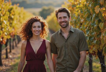 Couple walking hand in hand through a vibrant autumn vineyard