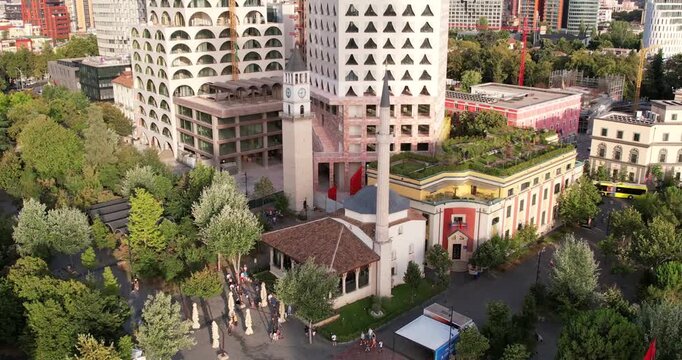 Aerial View of Tirana, Albania. Tirana's city center, highlighting Skanderbeg Plaza, Et'hem Bey Mosque, Skanderbeg monument square, Opera ballet Theatre and Giant Concrete Head Building