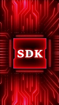 Sdk Software Development Kit with Gears and Circuit Board Pattern Against a Dark Background Technology Concept.