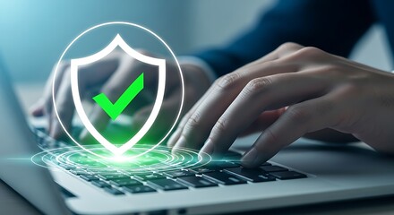 Cybersecurity concept with glowing shield and checkmark over laptop keyboard