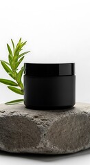 Photo of a black cosmetic jar rests on a textured stone, with a green plant sprig beside it