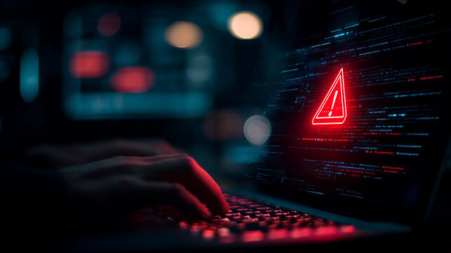 Hands typing code beneath a red warning icon, portraying an active cyber attack attempt and the urgency of coordinated incident response.
