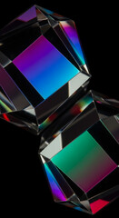 Close-up of iridescent glass cubes, showcasing vibrant color reflections against a black background, symbolizing luxury, technology, and modern design