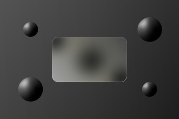 Modern minimalistic background with a transparent frame and 3D spheres on a gray background.