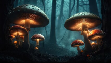 Illuminated mushrooms in a mystical forest