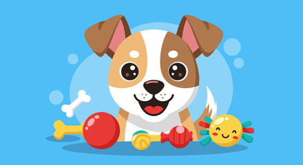 dog, cartoon, toys, blue, background, illustration, animal, pet, cute, happy, playful, bone, ball, puppy, drawing, design, graphic, clipart, character, fun, cheerful, domestic, mammal, artwork, icon, 