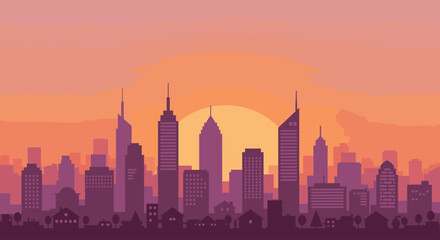 Obraz premium Silhouette of a city skyline with a sunset in the background