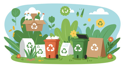 Obraz premium Illustration of recycling bins and materials in nature scene