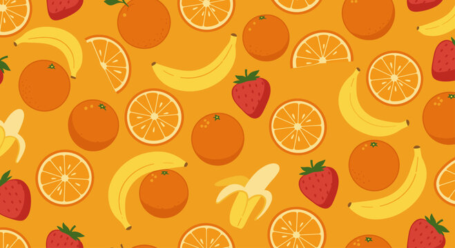 A pattern of bananas oranges and strawberries on orange background