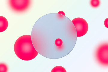 Vibrant abstract composition with crimson spheres and a transparent circle on a light background.