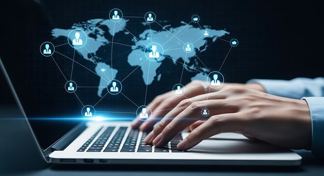 Hands typing on laptop with global network of people icons overlay