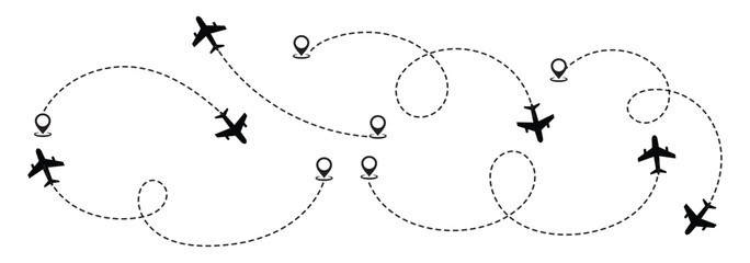 Airplane route vector set: dotted flight path illustration - downloadable graphics for travel and navigation designs