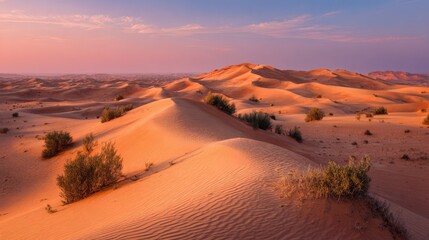 Fototapeta premium Smooth desert sand dunes under pastel pink and peach sunset sky.