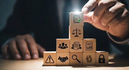 Building a strong legal and business foundation with stacked wooden blocks
