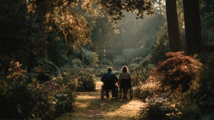 Couple in wheelchairs enjoying a peaceful morning walk through a lush garden at sunrise