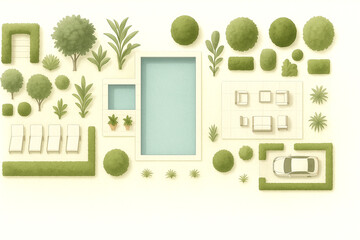 Architectural Site Plan Illustration Featuring Swimming Pool, Outdoor Furniture, and Lush Greenery, for marketing materials, property sales presentations, and urban planning visualizations