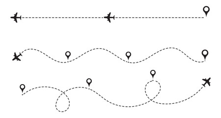 Airplane line path icon of air plane flight route dash line trace with start point. Simple airplane travel line path with map pins. Airplane dashed route path.