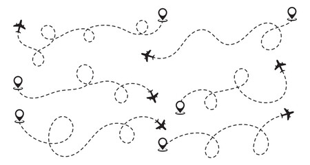A set of airplane silhouettes with dotted flight paths, representing travel routes and aviation movement. Perfect for flight-related designs, trip planning concepts, and air travel graphics