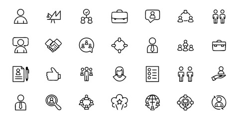 Human Resources & Team Management Glyph Icon Pack &ndash; Minimalist Line Art User Profiles, Recruitment, Training, Payroll, Evaluation, Collaboration, and HR Tools &ndash; Corporate & Workplace Vector Icons 