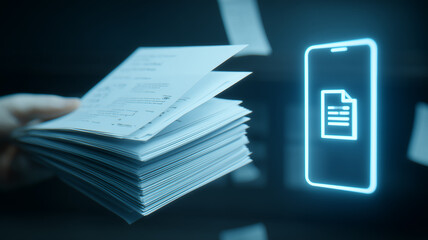 Papers flowing toward a phone with a document icon, conveying seamless scanning, indexing, and cloud archiving at scale.
