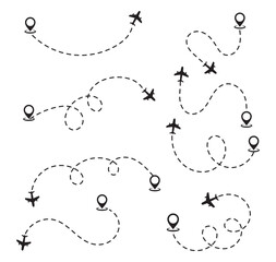 set of Airplane Travel Route Dotted Lines with Location Pins Vector Set  .Airplane Flight Route Map icon set ,Dotted Lines and Destination Pin Icons