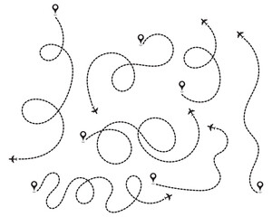 Airplane Flight Dotted Lines Map set  with Curves and Destination Locations , Plane Silhouette with Dotted Travel Path
