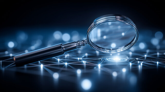 Magnifying glass over a connected grid, depicting data audit, root cause discovery, and deep observability across systems.