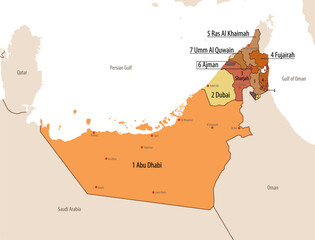 Map of the United Arab Emirates with administrative divisions, borders of 7 emirates and neighboring countries, with major cities indicated, color vector illustration on white background
