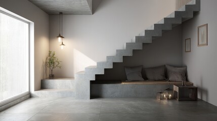 Smooth matte concrete staircase in minimalist neutral interior.
