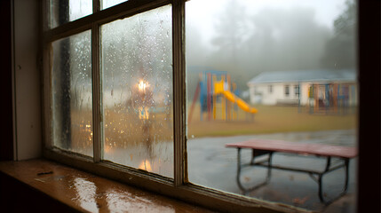 Rainy Day View Through a Misted Window: A Playground Scene on a Foggy Autumn Day.  The image showcases a detailed close-up of a weathered wooden