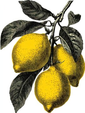 Lemon Branch Botanical Illustration: Fresh Citrus Woodcut Artwork on Isolated Background