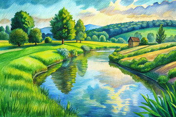 Countryside river flowing through green fields, summer sunshine landscape, peaceful rural beauty, reflection on water