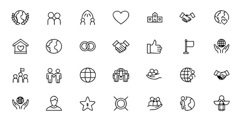 Cultural Diversity & Global Inclusion Icon Bundle &ndash; Minimalist Line Art Multicultural People, Global Unity, Language Exchange, World Flags, International Partnership, and Inclusion 