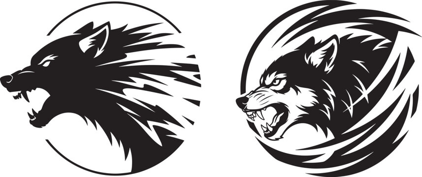 Vector art of black and white graphic illustration of two fierce wolf heads in profile, one with dynamic lines