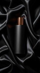 Photo of a sleek black perfume bottle with a rose gold cap, presented elegantly on a luxurious black satin fabric with dramatic lighting