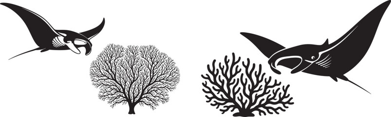 Obraz premium Vector art of silhouette of two manta rays swimming near coral isolated on white background