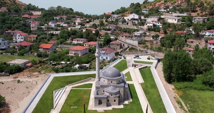 Aerial view of The Lead Mosque (Albanian: Xhamia e Plumbit), also known as the Busatli Mehmet Pasha Mosque, is a historical ottoman mosque in Shkoder, northwestern Albania.
