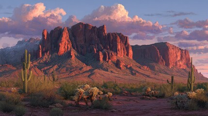 Breathtaking Sunset Over Superstition Mountain: A Desert Landscape in Mesa, Arizona Featuring Vibrant Red Rocks and Iconic Cacti