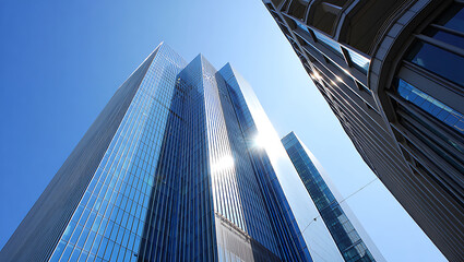 Obraz premium Modern architecture showcasing towering glass skyscrapers against a vibrant blue sky representing urban development and financial district prominence and sustainable building design
