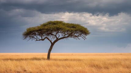 Acacia Tree Silhouette at Dusk in the Masai Mara, Showcasing the Natural Beauty of the African Landscape
