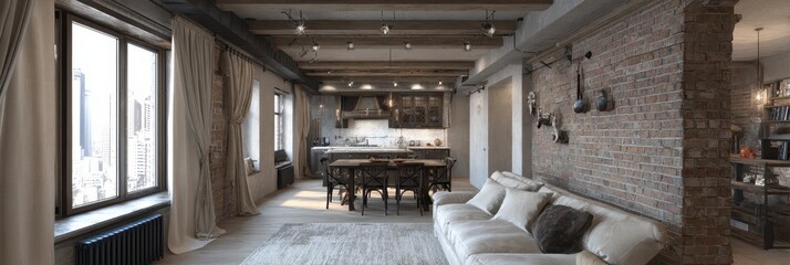 Contemporary Shabby Chic Loft: A Rustic Black Kitchen Interior in Panoramic View