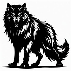 Fierce black wolf standing with mouth open and teeth showing