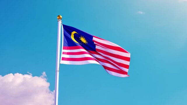 Malaysia national flag on flagpole footage. Malaysia flag under the bright sky video