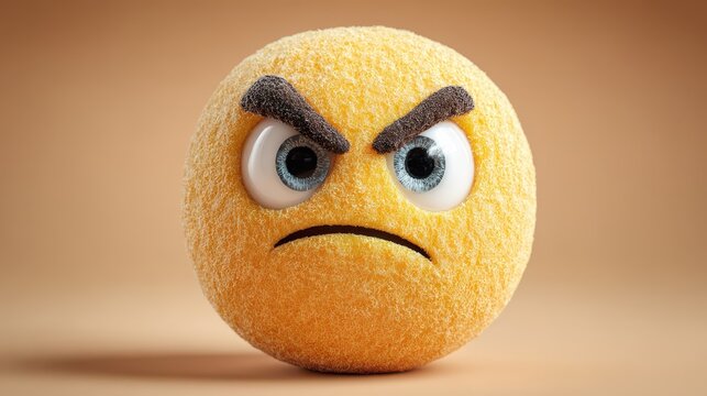Yellow angry emoji with furry texture and black background, expressing negative emotion - Powered by Adobe