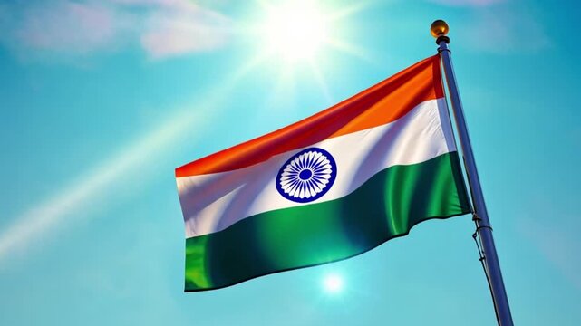 India national flag on flagpole footage. Happy India independence day flag video